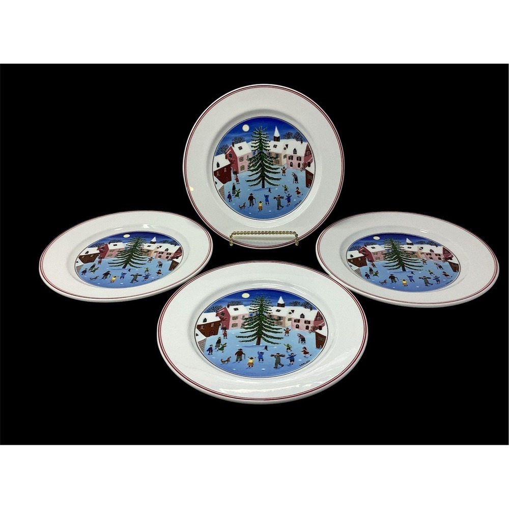 Villeroy & Boch Naif Christmas Salad Plates 8" Set of 4 Village Scene